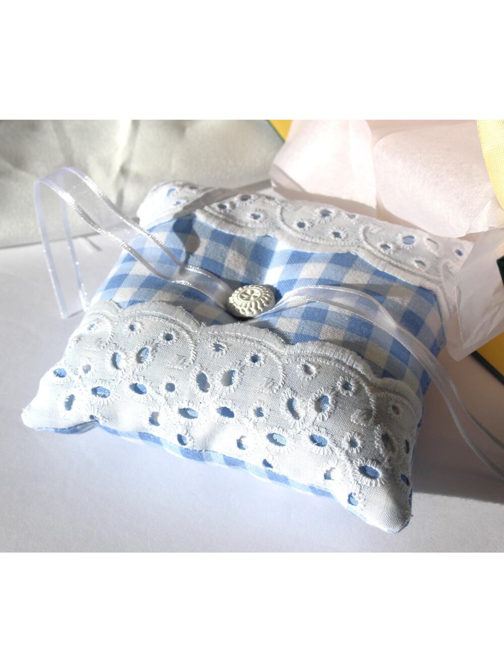 Handmade Lace Ring Bearer Pillow: Gingham Wedding Ring Cushion
